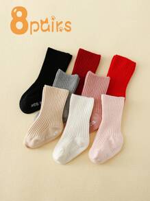 8Pairs Classic Simple Design Baby Crew Socks, Anti-Slip Dotted Sole Indoor Floor Socks, Suitable For 0-3 Years Old Boys And Girls, Newborns, Daily Wear