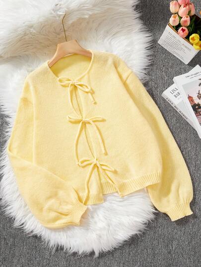 [Hauts] Cardigan à manches longues nouées jaune beurre - Minimalisme, tenue de bureau, vintage, simple, style français. Femmes Cardigan tricoté unicolore, peut être porté sur des blouses, cardigan ouvert mignon grande taille