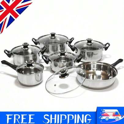 Stainless Steel Cookware Set, Induction Frying Pan And Saucepan Set With Lids, Stay Cool Handles, Themocore Technology, Stainless Steel Pan Set, 12pcs Set