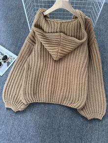 Casual Solid Color Thick Lantern Sleeve Cardigan, Autumn/Winter - Khaki - View 2