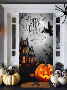Semn de bun venit 2D pentru ușă de Halloween - Scenă cu castel de dovleac și lună și lilieci - Poliester durabil 70,8x35,4 inci Decor interior/exterior pentru Halloween, grădină, terasă - Nu necesită electricitate, Decorațiune de Halloween, Sărbătoare, Imprimare de înaltă calitate, Decor fără electricitate, Planificator de petreceri