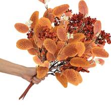 Juego de 6 flores artificiales de decoración otoñal, ramos mixtos de eucalipto, color naranja de la cosecha y hálito de bebé para decoración del hogar, fiestas de otoño, bodas y centros de mesa en Navidad y Acción de Gracias