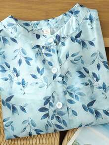 Women's Summer Blue Ditsy Floral Standing Collar Loose Casual Blouse Top