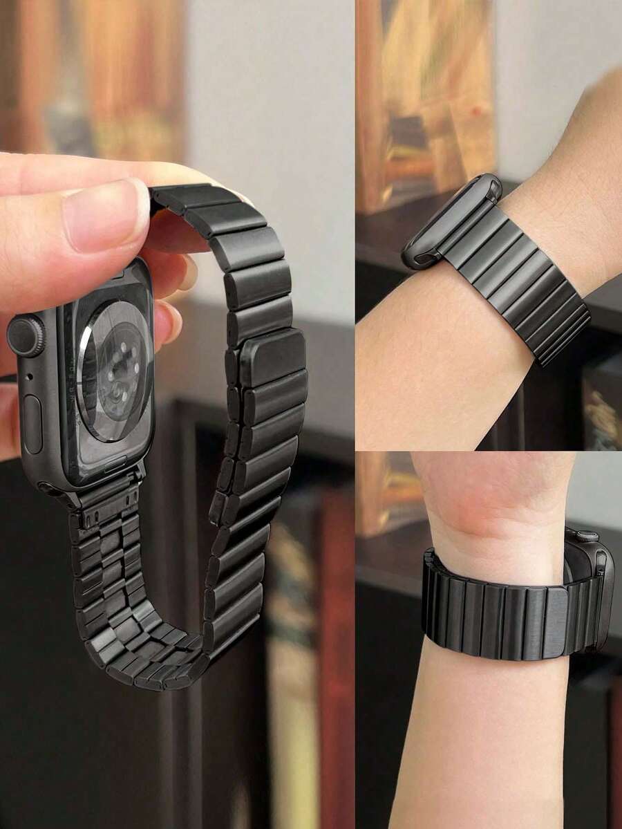 1条黑色磁性不锈钢金属表带，兼容 38mm/40mm/41mm/42mm/44mm/45mm/49mm/46mm型号，适用于Ultra/SE/S10/S9/8/7/6/5/4/3系列/男女通用，佩戴舒适，优雅时尚，适合所有季节。