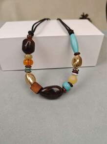 1pc Bohemian Style Turquoise Leopard Print Necklace With Inlaid Wooden Beads And Asymmetrical Colored Stones, Fashionable Exaggerated Necklace For Women, Suitable For Daily Wear, Banquet And Vacation