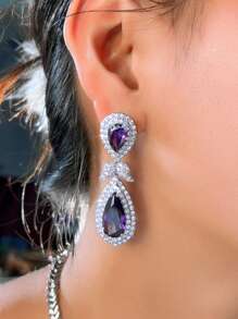 1 Pair Exquisite Silver Plated CZ Long Leaf Teardrop Purple Dangle Earrings, Bridal Cubic Zirconia Women Jewelry For Brides, Wedding, Engagement, Banquet, Party, Gift For Ladies, Bridesmaids, Mother