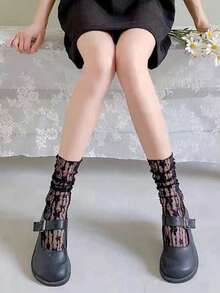 5 双蕾丝花网透明透气中筒袜，新款时尚女士网眼小腿袜，可爱甜美风格