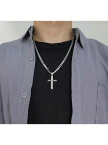 1pc Unisex Italian Cross Pendant Necklace, 3D Cut High Polish Cuban Chain Necklace, Suitable For Daily Wear, Gift For Birthday, Valentine's Day, Party