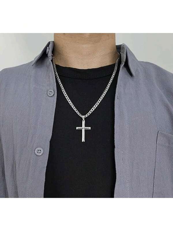 1 Stück Unisex italienischer Kreuz-Anhänger Halskette, 3D geschnittene hochglanzpolierte Kubanische Kette Halskette, geeignet für den täglichen Gebrauch, Geschenk zum Geburtstag, Valentinstag, Party