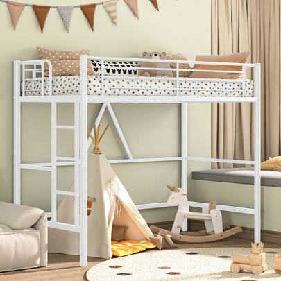 VECELO Metal Bunk Bed Single Size, High Sleeper Bedframe 90*190cm With Removable Ladder And Guardrail, Space-Saving, Noise Free, No Box Spring Needed, White