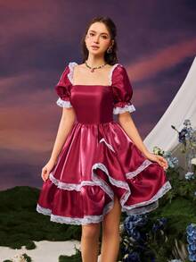 Faeriesty 优雅的方形领口泡泡袖 A 字连衣裙 | 蕾丝边春夏飘逸套装，适合花园派对、婚礼、早午餐和正式活动