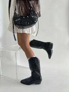 Women's V-Cut Mid-Calf Western Boots, New Autumn/Winter Version, Black Color With Embroidery , Knight Boots With Chunky Heels - Black - View 7