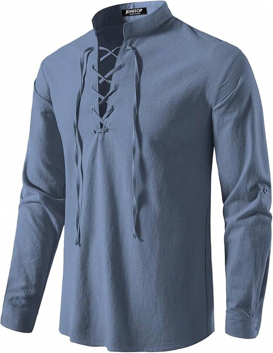 Men's Pure Cotton Retro Lace Up Shirts For Renaissance Pirate Viking Medieval - Indigo Blue - View 1