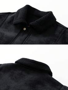 Men's Leather Thermal Lined Long Sleeve Jacket With Thermal Lined, Thick Warm Loose Fit Motorcycle Jacket, Autumn/Winter - Black - View 3