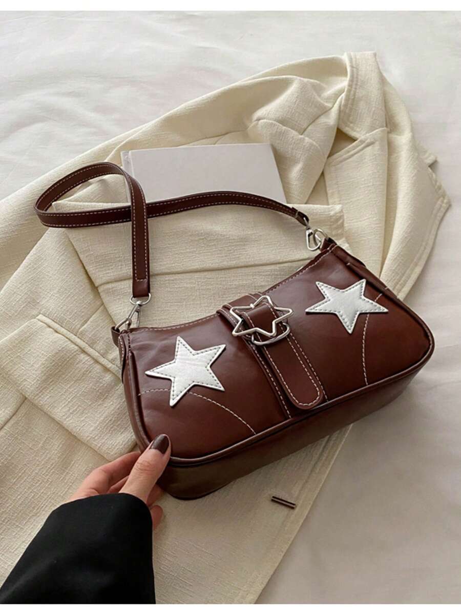 Geantă crossbody casual Y2K pentru femei, decor stele, curea reglabilă, geantă de umăr, geantă tote, capacitate mare, stil retro, potrivită pentru naveta