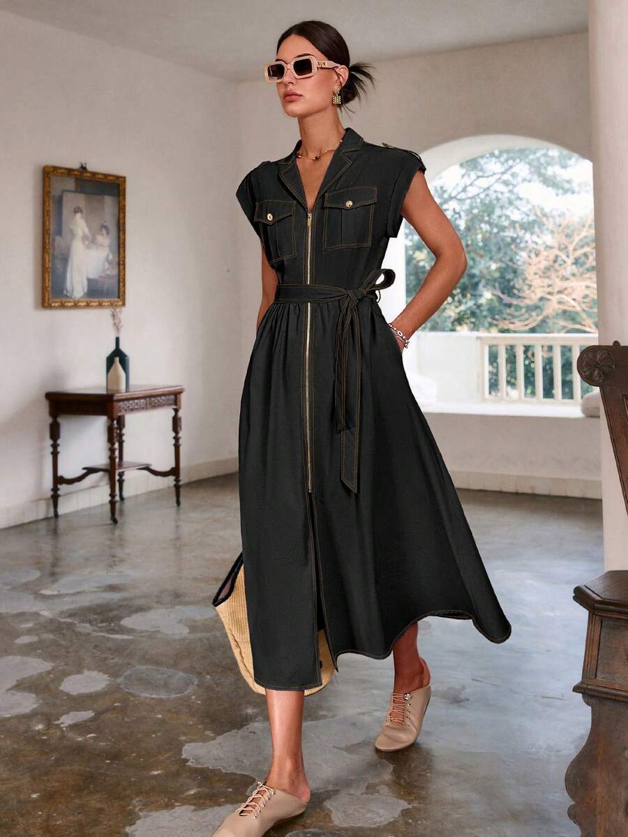 Sollinarry Women's Spring/Summer New Zipper Pocket Decor Long Dress, Vintage Style, Suitable For Office, Teacher Attire Elegant