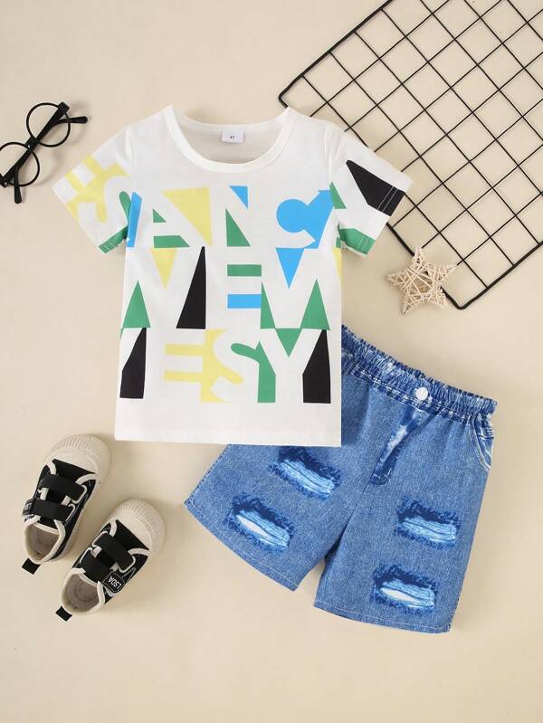 Set 2 buc. tricou cu mânecă scurtă și imprimeu geometric casual pentru băieți + pantaloni scurți tip denim, ținută de vară