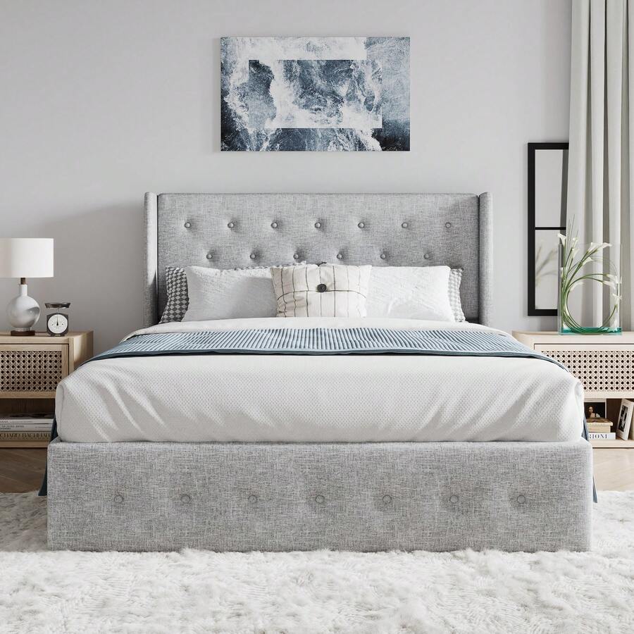 SHA CERLIN Full/Queen/King Size Lift Up Storage Bed, Button Tufted Wingback Headboard, Upholstered Platform Bed Frame, Hydraulic Storage, No Box Spring Needed, Wood Slats Support, Light Grey