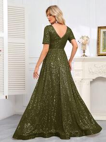 hezixi Elegant Sequin Patchwork Detail Halter Formal Dress, Suitable For Wedding, Party, Gala Dinner, Holiday, Music Festival, Wedding Guest, Cocktail Party, Night Out, Stage Performance, Birthday Party - Olive Green - View 3