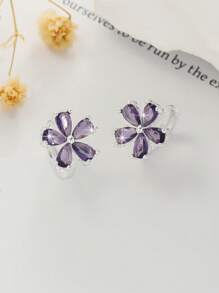 2pcs Minimalist Five-Petal Flower Ear Studs With Zirconia, Elegant & Versatile Earrings For Women