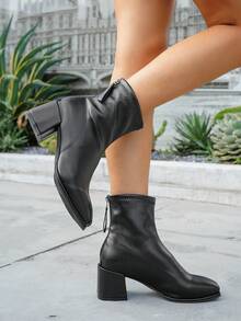 女士细跟踝靴 2025 秋冬新款简约靴子 复古短靴 方头粗跟鞋 - 黑色 - 查看 6