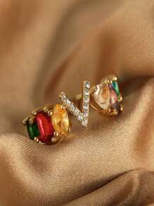Bague ouverte en cuivre sertie de zircones de couleur aléatoire, simple et à la mode, 1 pièce – AZ 26 lettres anglaises – Bague ouverte pour femme, bague minimaliste