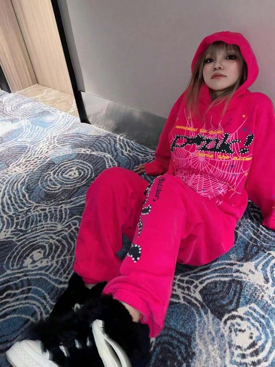 Men's Hip Hop Spider Web Pattern Letter Pattern Harajuku Retro Hoodie Long Sleeve And Pants  For Men And Women - 粉紅色套裝 - 查看 1