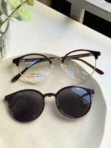 Unisex Clip-On 2 In 1 Round Small Size Polarized Lens Fashion Eyeglasses Frame PZ10200T - Brown - View 2