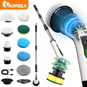 IAGREEA Electric Spin Scrubber, Cordless Cleaning Brush, Shower Cleaning Brush With 9 Or 6 Brush Heads 2H Power Dual Speed, Adjustable Extension Handle, 360 Cordless Cleaning Brush For Bathroom, Bathtub, Tiles, USB-C Charging Cable, Rotating Cleaning Brush, 2000mAH