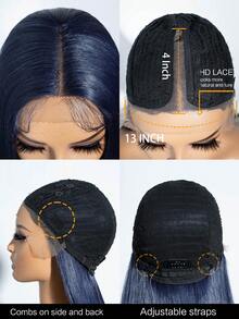 Blue Wig Long Straight Navy Blue Synthetic Lace Front Wigs Pre Plucked Natural Hairline Heat Resistant Fiber Hair Cosplay Daily Wear Wig - 藍色 - 查看 10