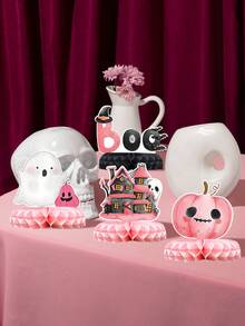 Set de 7 piezas de centro de mesa de panal con diseños adorables de Halloween como calabaza, castillo, fantasma y gato, decoraciones de papel para fiestas, decoraciones para Halloween, decoraciones de fondo para fiestas de Halloween, decoración feliz de Halloween, suministros para fiestas de Halloween, decoración para el hogar, decoración de mesa, decoración de habitación - Rosa - Ver 3