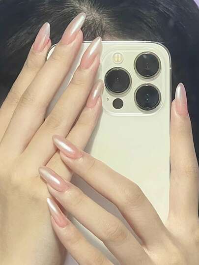 30 件杏仁形持久按压指甲，甜美粉色渐变镜面粉指甲，高端感，可拆卸假指甲，带果冻凝胶和指甲锉