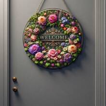 1 Stück, Blumen Willkommensschild, rundes Holzschild, Mitteldekoration mit Blumenkranz, Muttertagssegen, Sommerschild, Bauernhausdekoration für die Wand, Veranda Dekoration, perfektes Geschenk für Damen, aus künstlichem Holzmaterial.