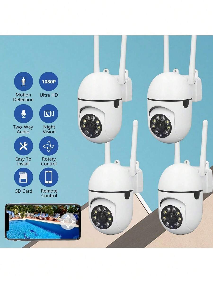 1个1080P高清摄像头，家用/宠物监控摄像头，带手机App，WiFi摄像头，适用于家庭安防，支持2.4GHz WiFi或2.4GHz/5GHz WiFi，双向语音，移动侦测，人员追踪，室外安防摄像头，安防监控摄像头 - 彩色 - 查看 1