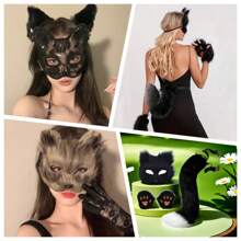 White - Animal Claw Paw Gloves With Cat Ears & Tail, Cute Plush Costume Props, Suitable For Cosplay, Halloween
