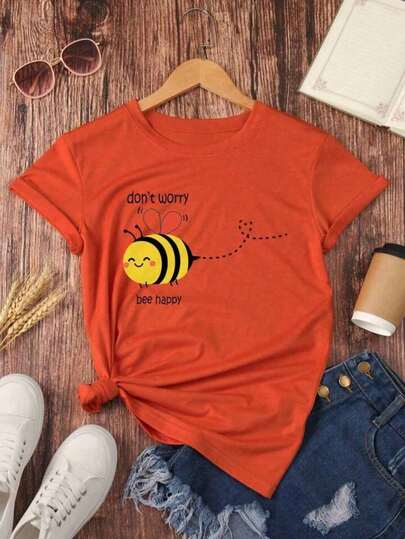 Slogan & Bee Print Tee Don't Worry Bee Happy Basic Drop Shoulder T-Shirt Graphic Tees Plus Size Women Tops Summer