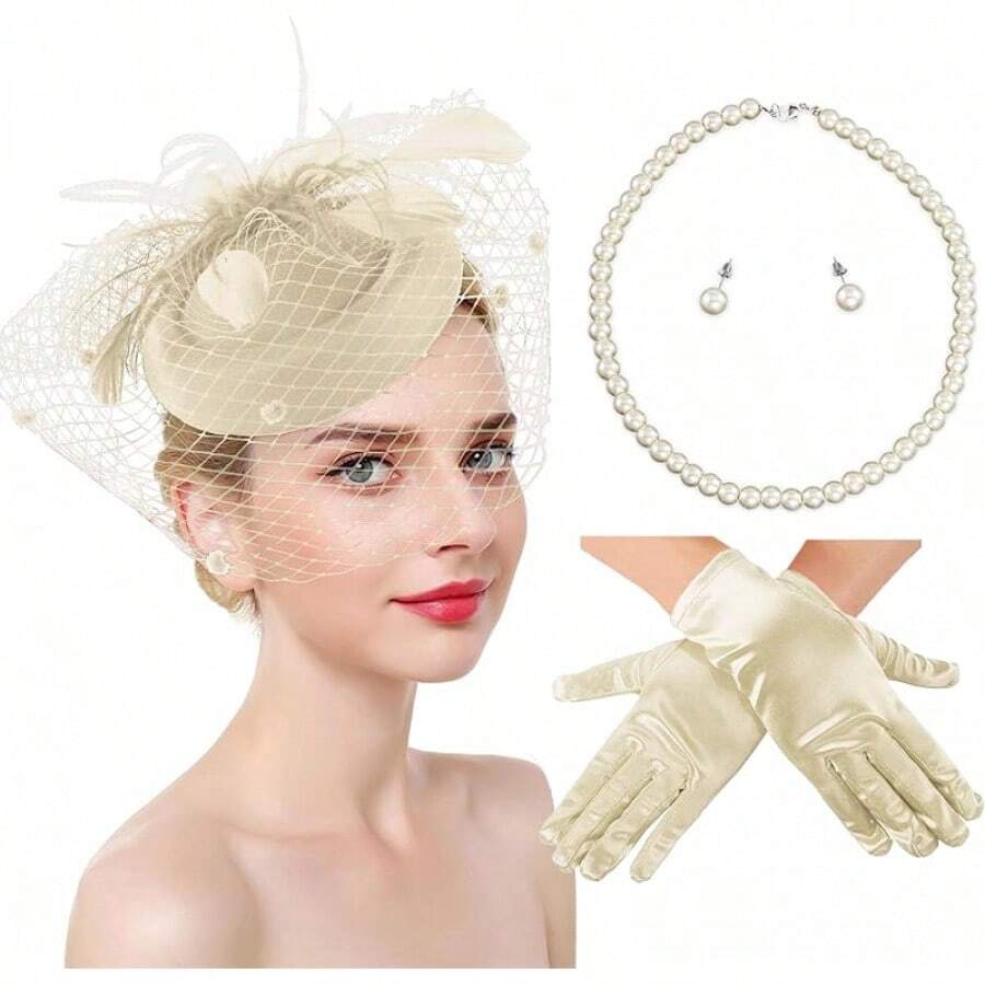 Ibeauti Fascinator Hats With Screentouch Lace Gloves Set Women Tea Party Cocktail Wedding Derby Headwear Short Gloves - 01 Beige-gloves - 查看 1
