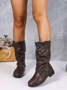 Fall/Winter 2025 2024 New Women High Boots Low Heel Flat Long Boots Suede Material Non-Knee High Mid-Calf Boots, Retro Pleated Western Cowgirl Boots