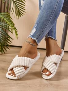 Women's Criss-Cross Open-Toe Slippers And Women's Fashionable Criss-Cross Plush Fluffy White Slippers Are Lightweight And Non-Slip, Suitable As Comfortable House Shoes For Indoor Home And Bedroom Floors, And Applicable In All Seasons. - White - View 2