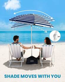 Beach Umbrellas For Sand With Sandbag & Anchor, 6.5ft Adjustable Umbrella For Beach Heavy Duty Wind, Portable UPF50+ Sunshade With Carry Bag For Patio, Navy Striped - Baby Blue - View 8