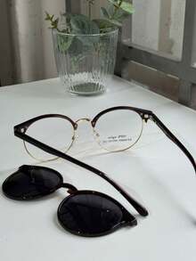 Unisex Clip-On 2 In 1 Round Small Size Polarized Lens Fashion Eyeglasses Frame PZ10200T - Brown - View 1