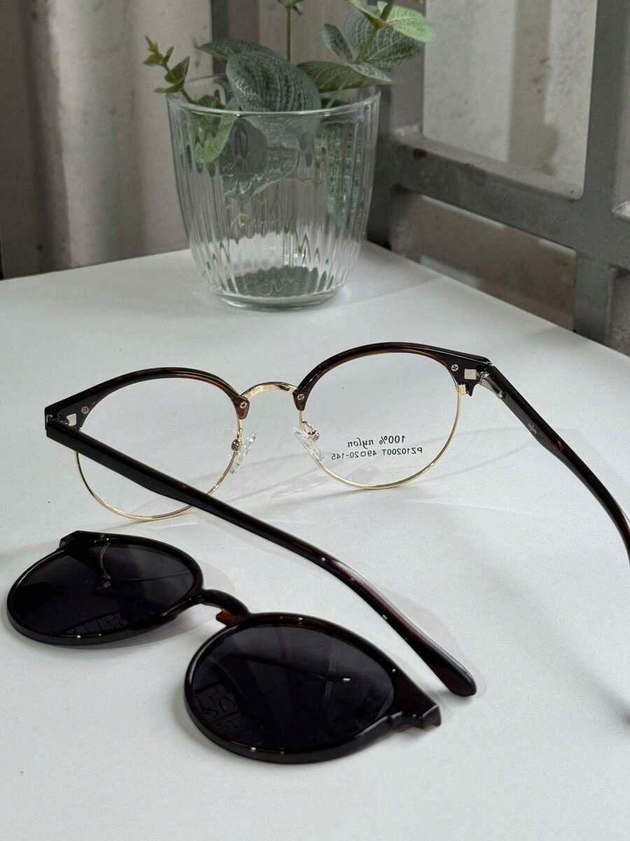 Unisex Clip-On 2 In 1 Round Small Size Polarized Lens Fashion Eyeglasses Frame PZ10200T - Brown - View 1