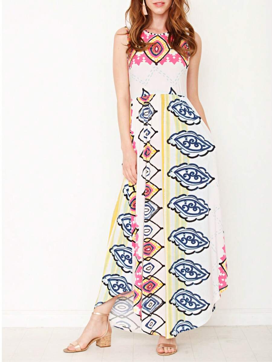 Boho Retro Polka Dot Rayon Mix Casual  Maxi Dress With Folded Cap Sleeve Side Pockets Versatile Summer Dress For Women - 玫紅色 - 查看 1