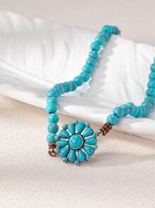 1 Pc Western Turquoise Decor Beaded Choker Necklace For Women