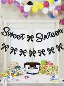 1 pièce Drapeau à tirer pour anniversaire Sweet Sixteen, bannière d'anniversaire Noire/Rose/Or rose/Or/Violette/Bordeaux avec nœud, décoration de fête d'anniversaire Sweet 16 pour fille/femme