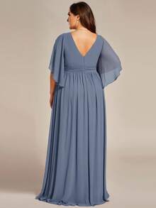 Plus Size Elegant V-Neck Ruffle Sleeve Slit Thigh Chiffon Bridesmaid Dress, Formal Evening Gown For Wedding Guest - Dusty Blue - View 2