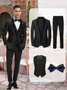 4 PCS Men Suit Tuxedo Vest Pants Bow Shawl Collar One Button For Wedding Banquet Prom Chic Elegant Men Attire - 黑色 - 查看 1