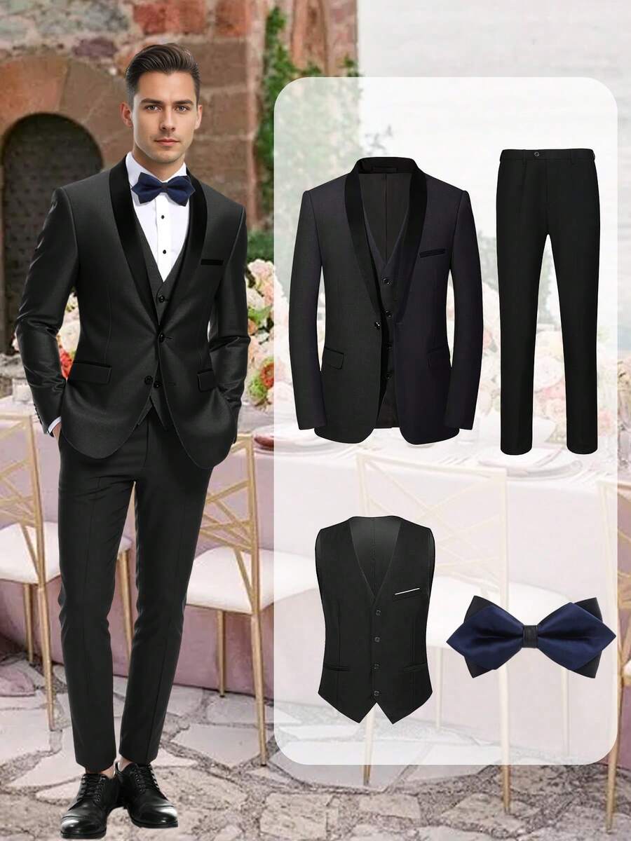 4 PCS Men Suit Tuxedo Vest Pants Bow Shawl Collar One Button For Wedding Banquet Prom Chic Elegant Men Attire - 黑色 - 查看 1