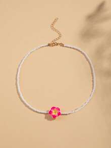 1pc Summer Vacation Hawaiian Style Polymer Clay Plumeria Flower Beaded Necklace For Women, Suitable For Daily Wear And Beach Trips - Pink - View 3