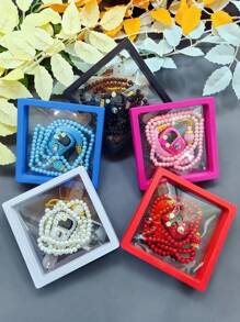 1 set 2 pezzi Contatore di anelli con strass (funzione di reset, dimensione regolabile) + 99 pezzi Rosario da 6 mm, confezione regalo in scatola trasparente, disponibile in vari colori (per pregare, cantare, contare le attività, regalo per le feste)